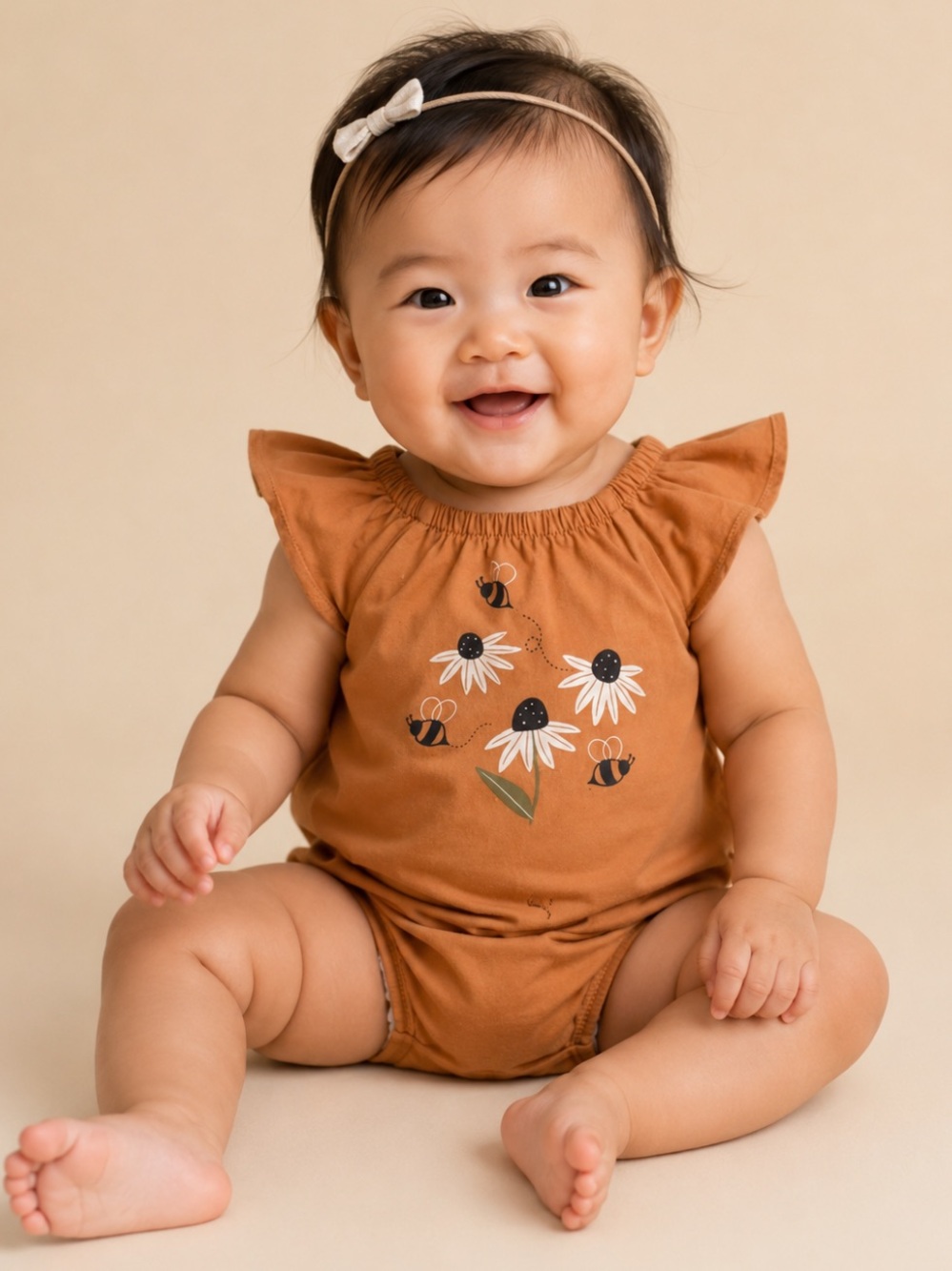 Baby Orange Floral & Bee Flutter-Sleeve Bodysuit Romper Onesie